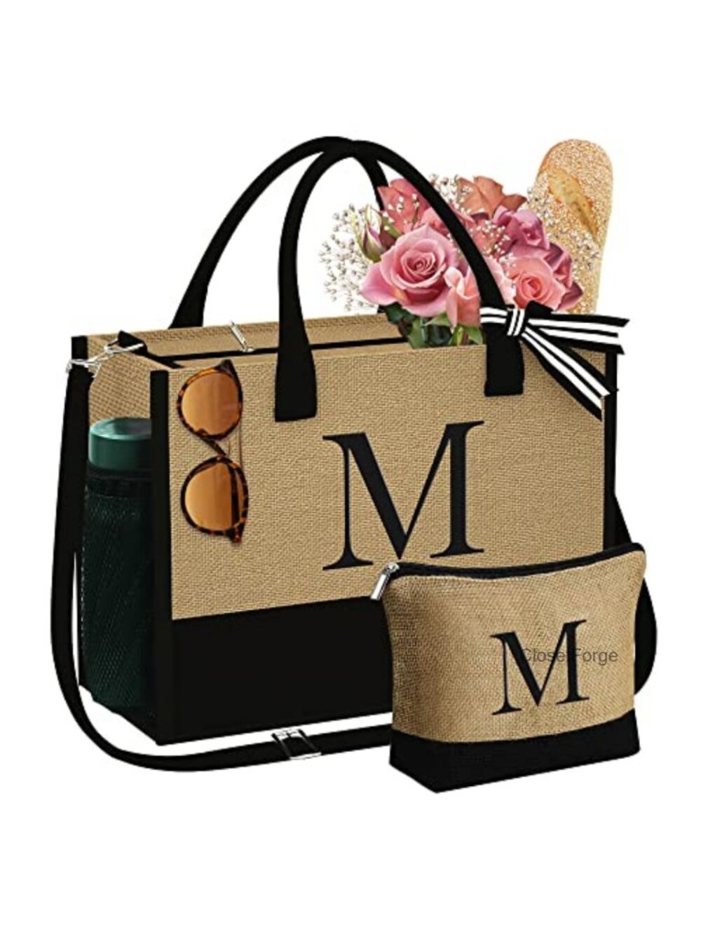 Personalized Jute Tote Bag with Makeup Bag, Monogram Gift for Women, Adjustable